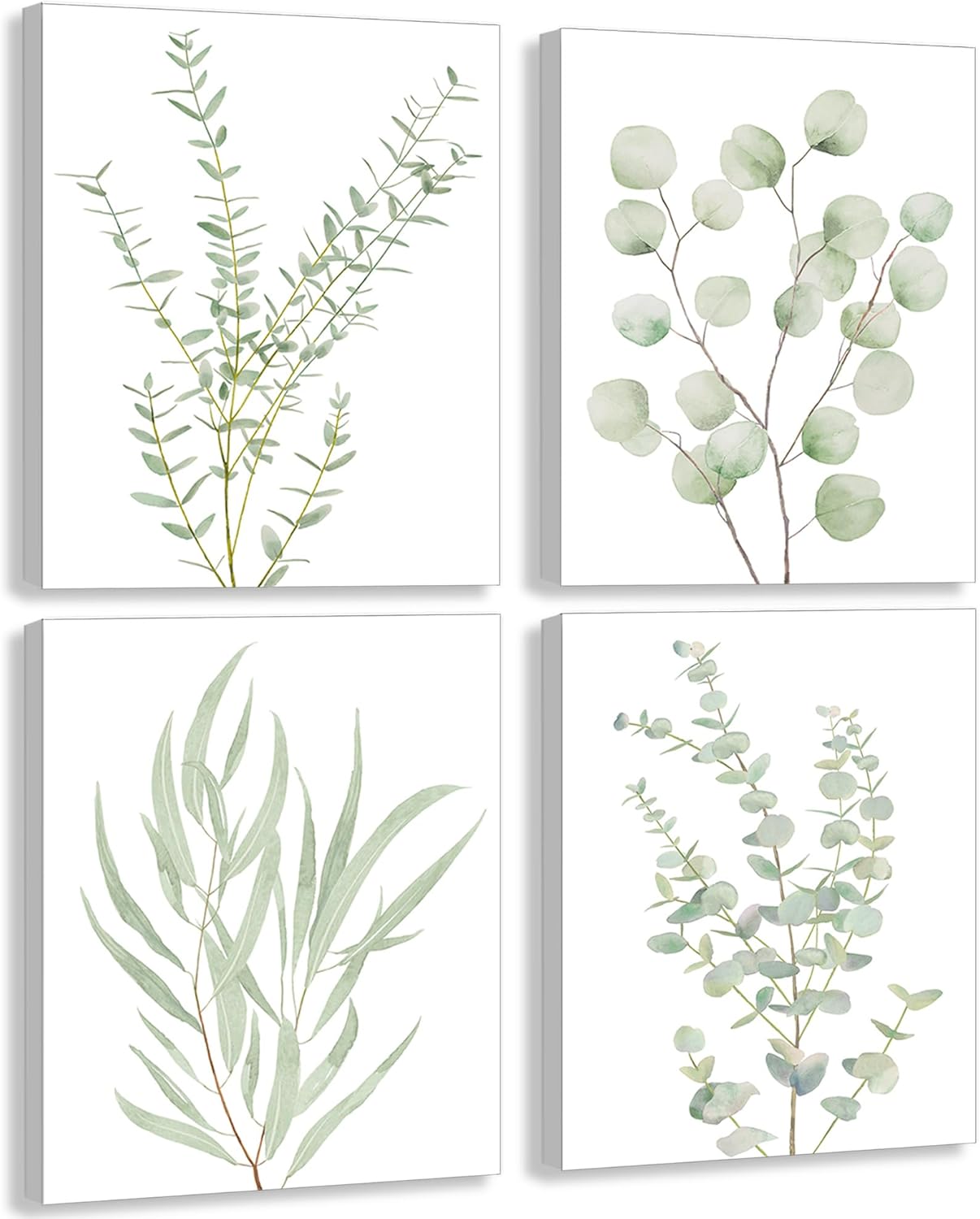 Set of 4 Botanical Plant Canvas Wall Art - Framed Boho Wall Decor for Bathroom, Minimalist Bedroom & Office - Sage Green Eucalyptus Leaf Prints, 8”x10” Modern Aesthetic