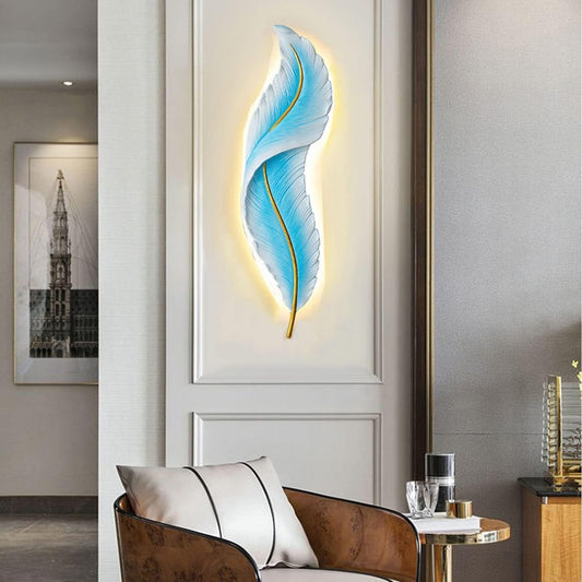 3D Feather Wall Decor with LED Lights - Glowing Resin Feather Lamp, 3-Color Bedside Sconces for Bedroom, Children's Room, Corridor, Stairwell Wall Art Sculpture