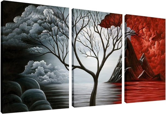 3-Panel Cloud Tree Modern Canvas Wall Art - Abstract Beach Landscape Prints for Home Decor Wall Hanging