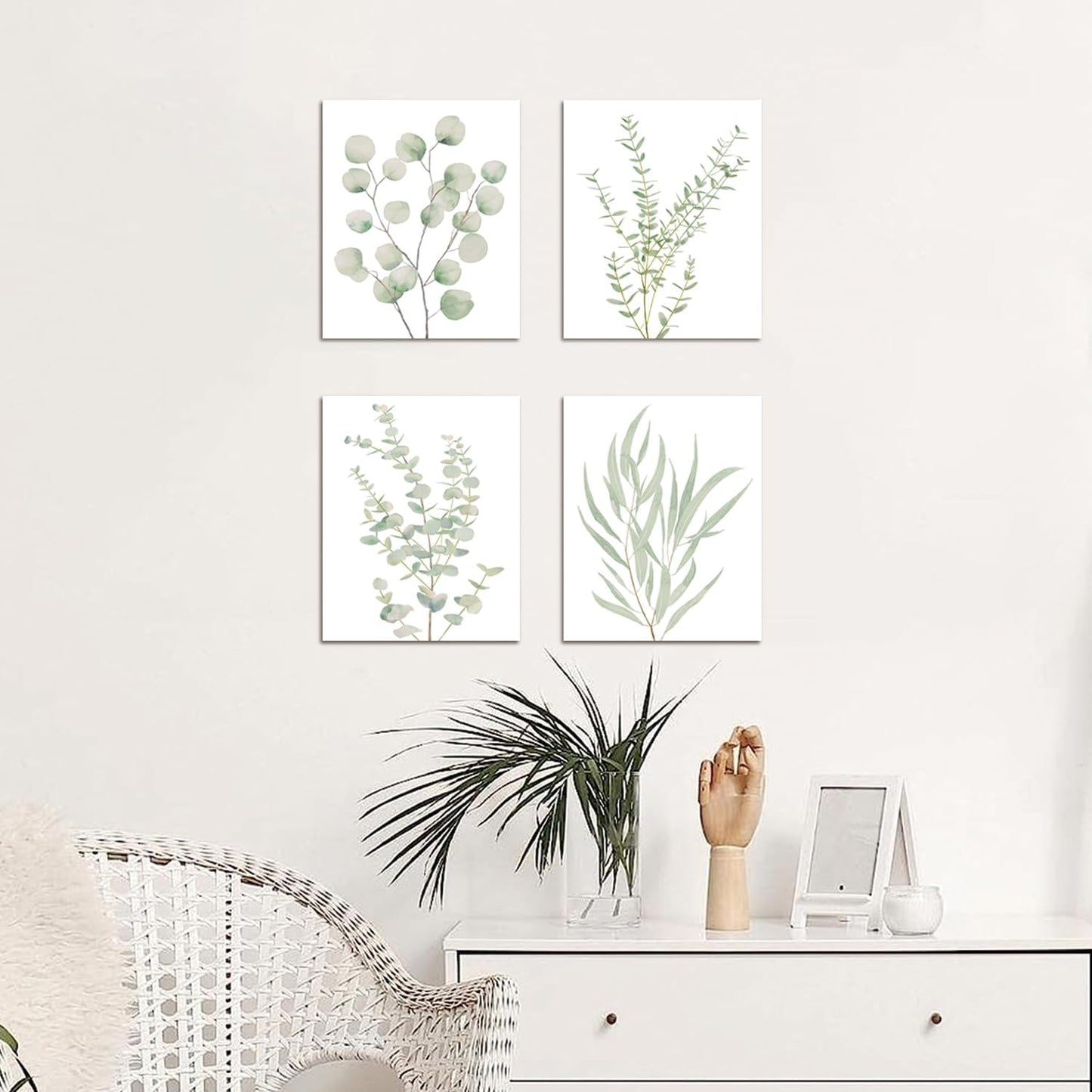 Set of 4 Botanical Plant Canvas Wall Art - Framed Boho Wall Decor for Bathroom, Minimalist Bedroom & Office - Sage Green Eucalyptus Leaf Prints, 8”x10” Modern Aesthetic