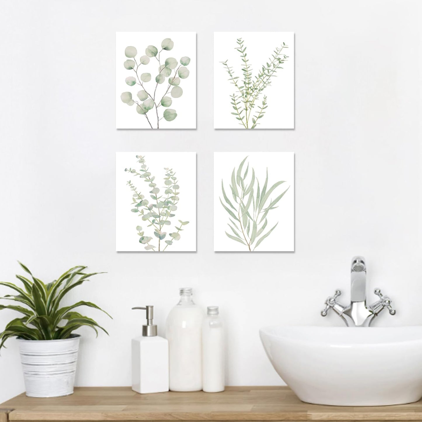 Set of 4 Botanical Plant Canvas Wall Art - Framed Boho Wall Decor for Bathroom, Minimalist Bedroom & Office - Sage Green Eucalyptus Leaf Prints, 8”x10” Modern Aesthetic