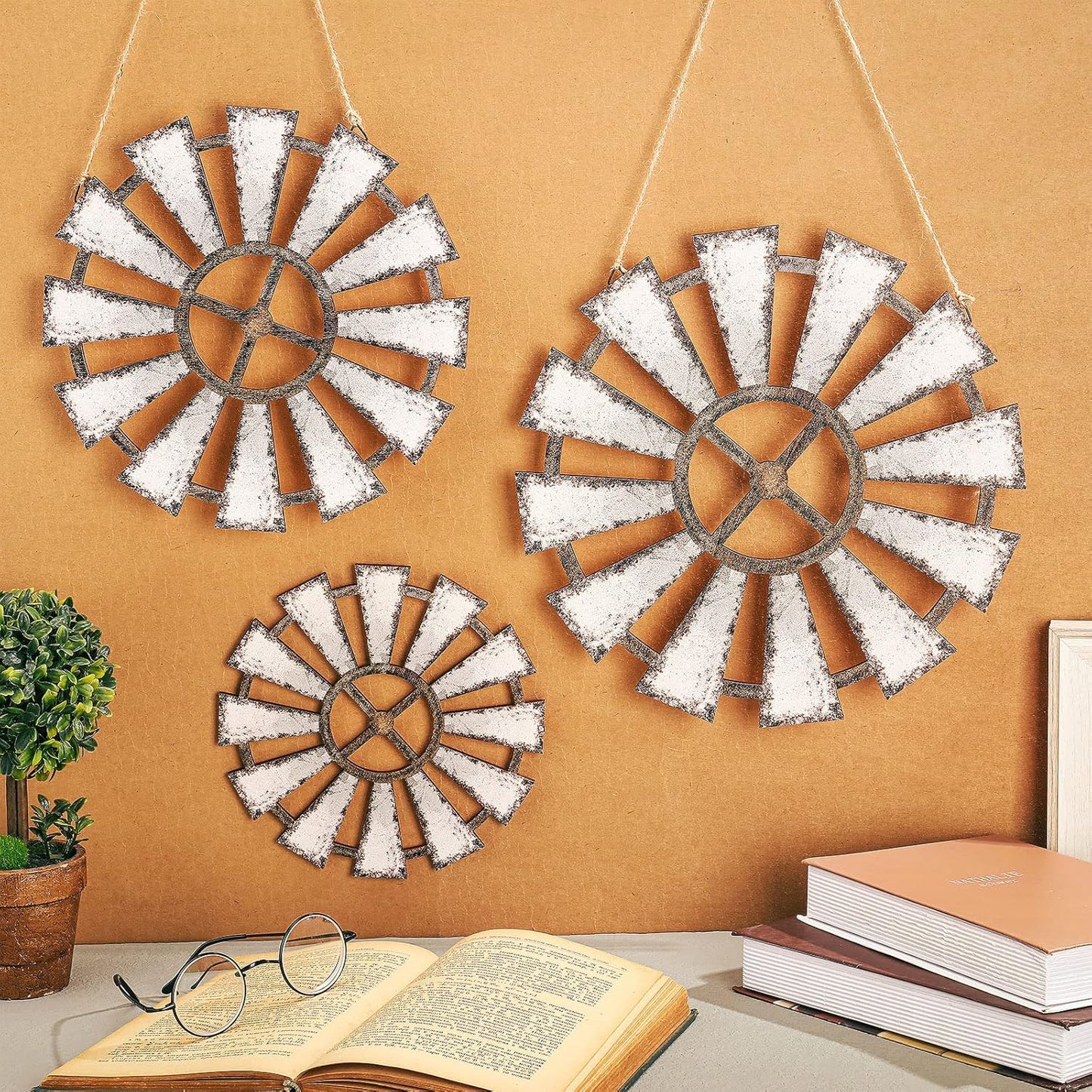 Set of 3 Wooden Windmill Wall Decor - Rustic Farmhouse Wall Sculptures for Kitchen, Living Room, Bedroom, Nursery Home Decor