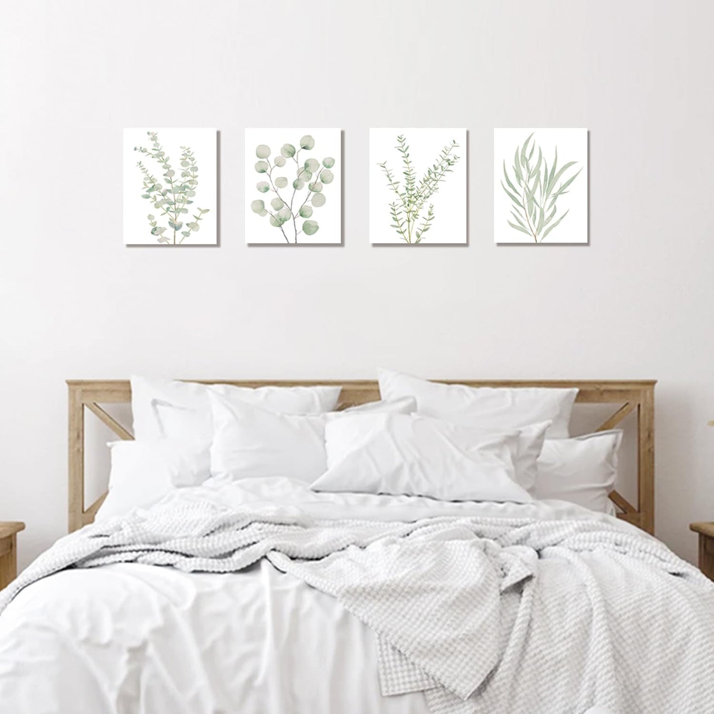 Set of 4 Botanical Plant Canvas Wall Art - Framed Boho Wall Decor for Bathroom, Minimalist Bedroom & Office - Sage Green Eucalyptus Leaf Prints, 8”x10” Modern Aesthetic