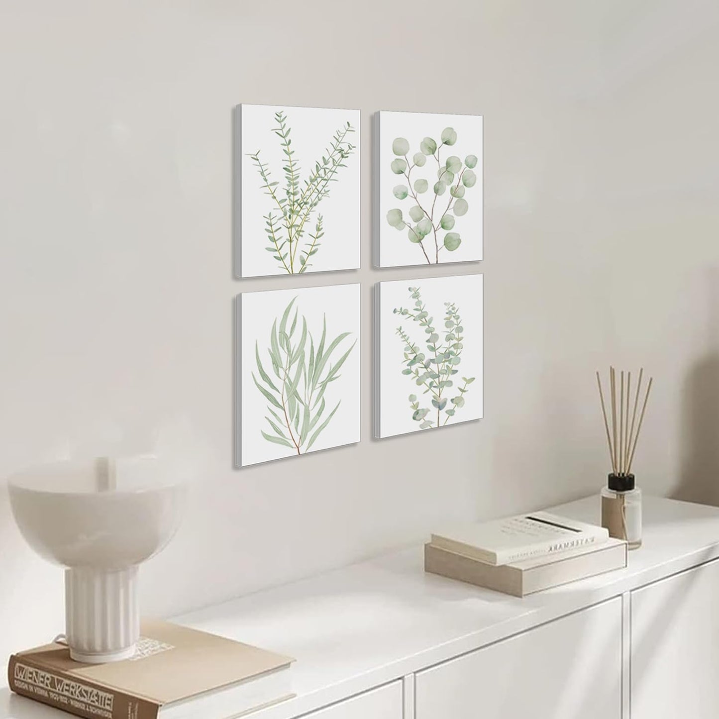 Set of 4 Botanical Plant Canvas Wall Art - Framed Boho Wall Decor for Bathroom, Minimalist Bedroom & Office - Sage Green Eucalyptus Leaf Prints, 8”x10” Modern Aesthetic