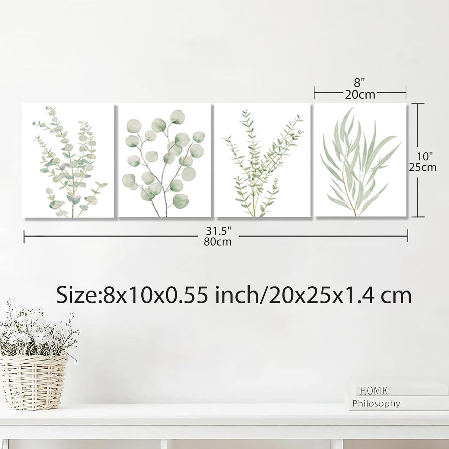 Set of 4 Botanical Plant Canvas Wall Art - Framed Boho Wall Decor for Bathroom, Minimalist Bedroom & Office - Sage Green Eucalyptus Leaf Prints, 8”x10” Modern Aesthetic